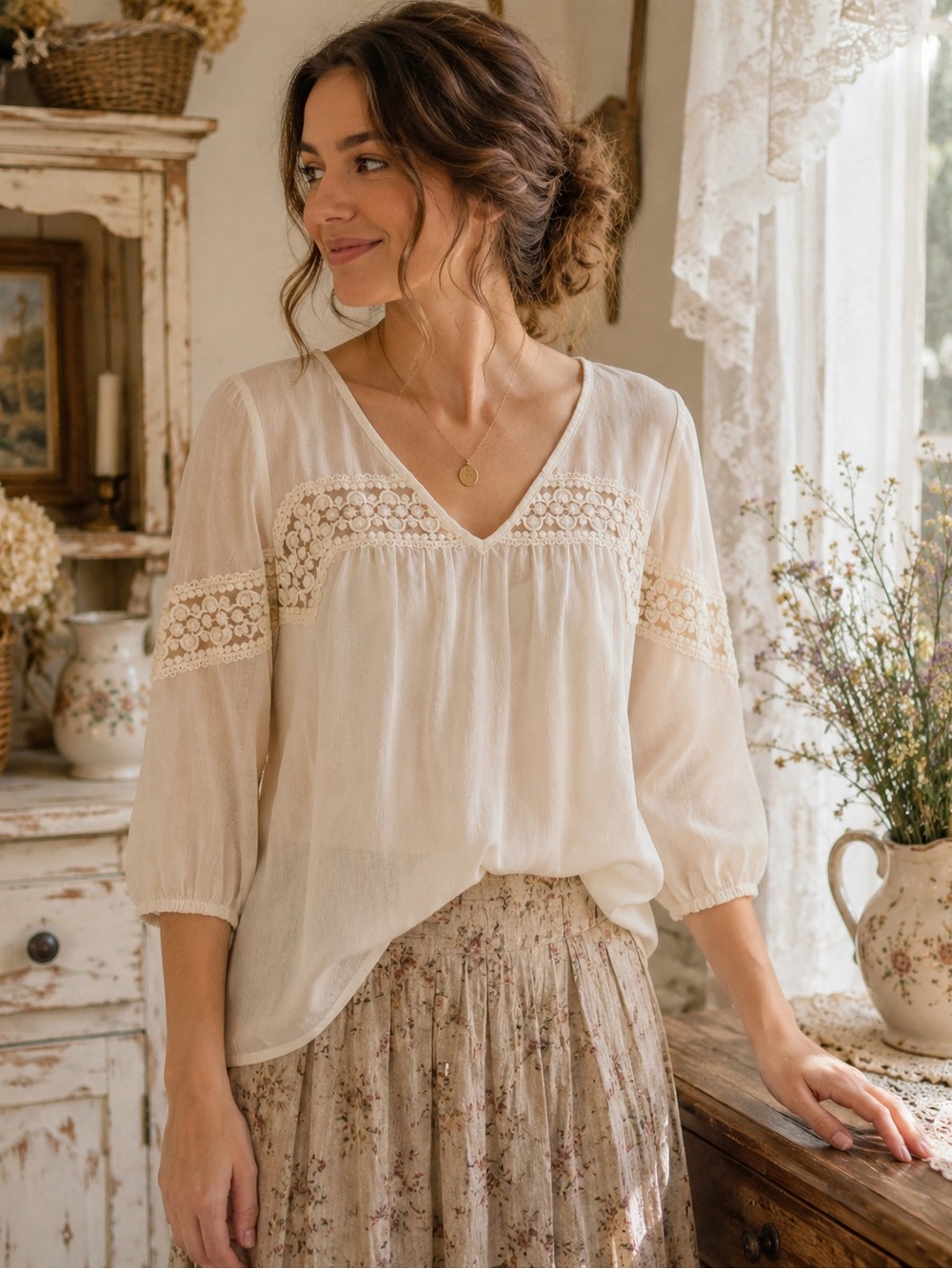 LC Lauren Conrad Sheer Beige Lace 3/4 Sleeve Blouse V Neck Large‎ Cottagecore